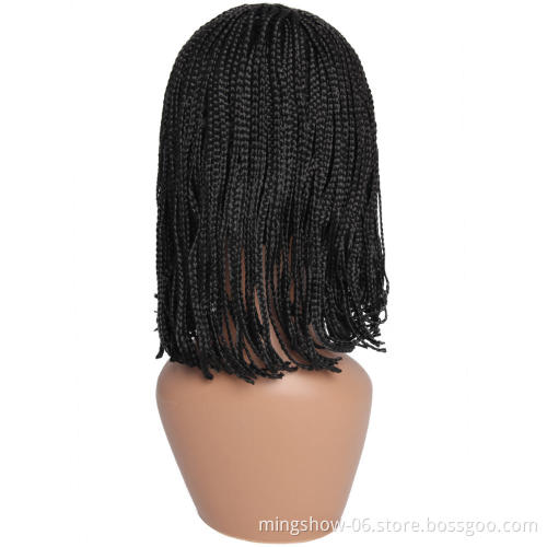 Short Bob Wig With Bangs Braided Box Braids Wig High Heat Synthetic Fiber Hair Crochet Twist Cosplay Hair For Black Women